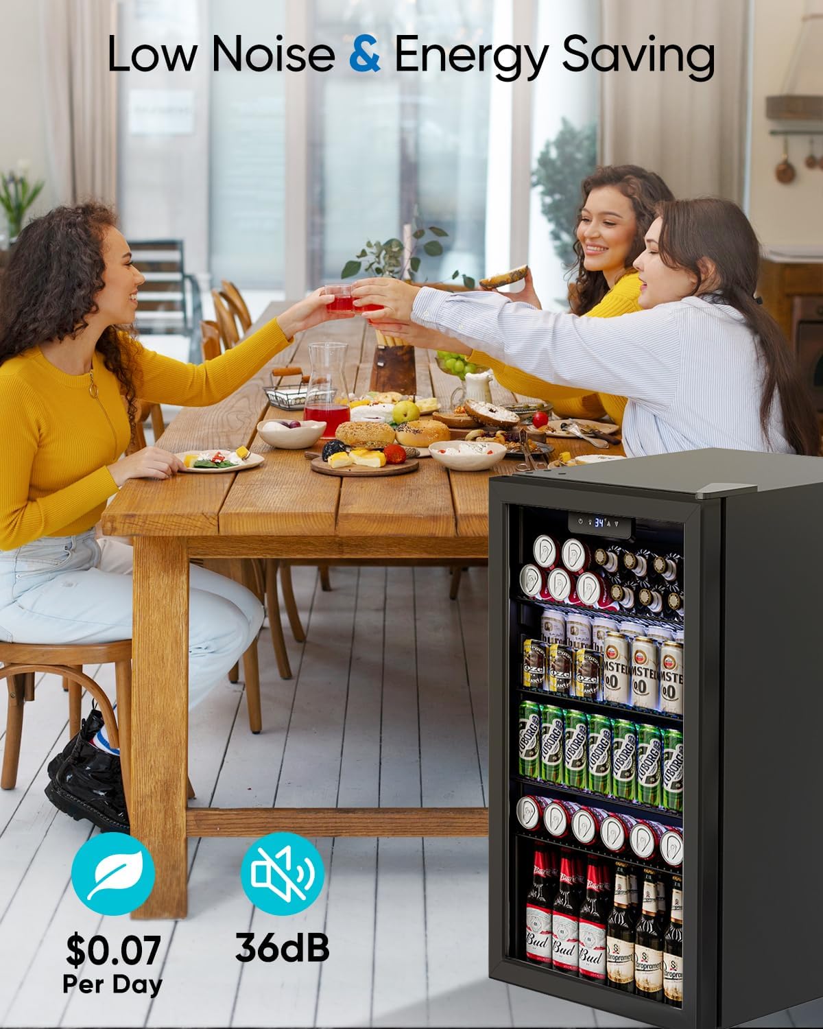 Feelfunn 3.2 Cu.Ft Mini Fridge with Glass Door - 126 Can Beverage Refrigerator Cooler for Drink Beer Wine Soda, Small Fridge for Bedroom Office Bar Dorm, 4 Adjustable Shelves, Black