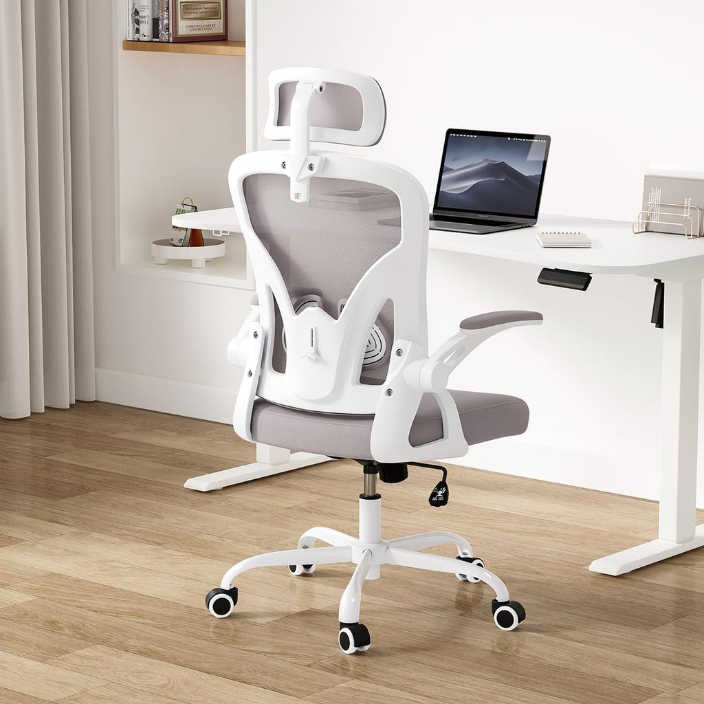 Farini Ergonomic Office Chair, Home Office Desk Chair with Headrest, High Back Swivel Computer Chair with Armrests and Adjustable Lumbar Support for Home Office Study Room, White & Gray