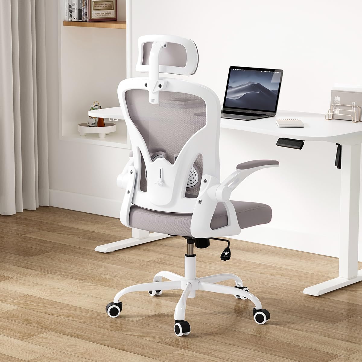 Farini Ergonomic Office Chair, Home Office Desk Chair with Headrest, High Back Swivel Computer Chair with Armrests and Adjustable Lumbar Support for Home Office Study Room, White & Gray