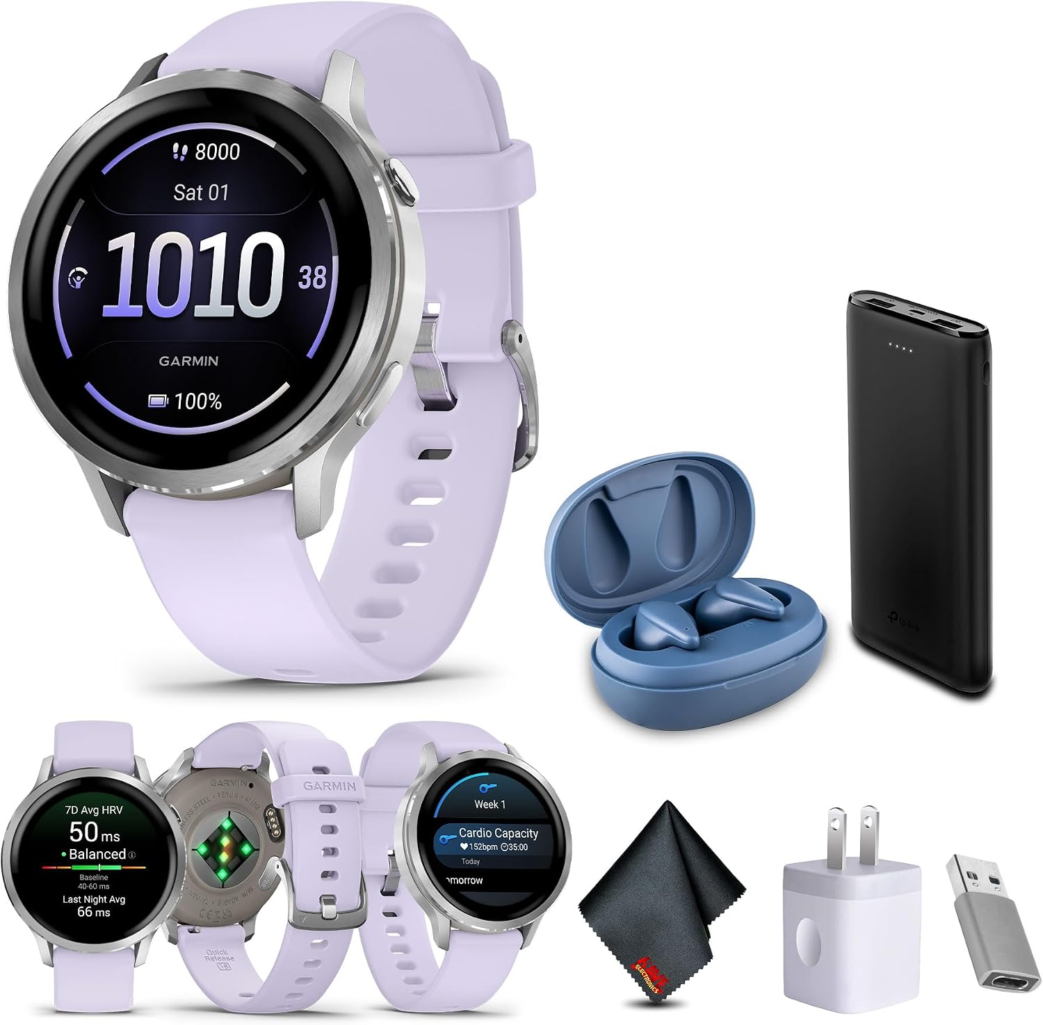 Garmin Venu 4, 41mm, Advanced Fitness and Multisport Tracker GPS Smartwatch, 1.2' AMOLED Display, Built-in Flashlight, 10 Days of Battery Life, Silver with Periwinkle Silicone Band (Watch Bundle)