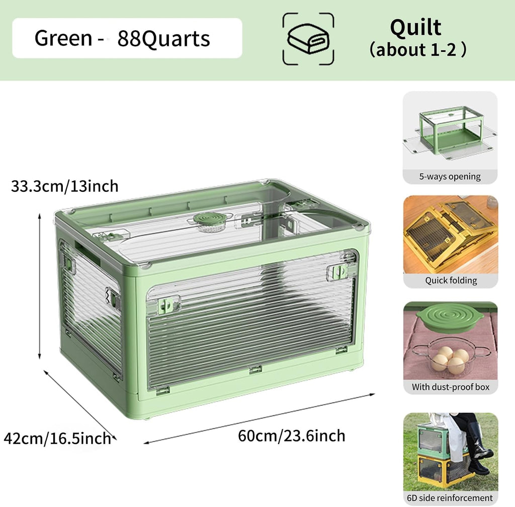 3-Pack Stackable Storage Bins, 83-Liter Collapsible with Wheels and 3 Lids, Foldable Organizers for Outdoor Camping, Green