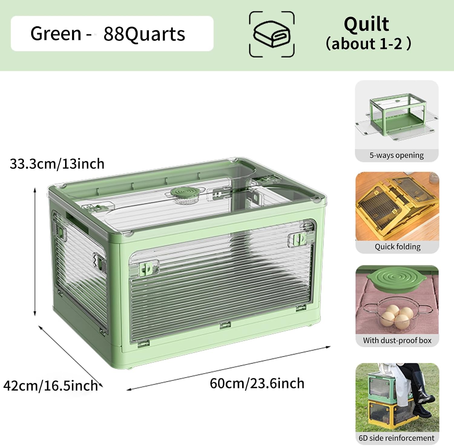 3-Pack Stackable Storage Bins, 83-Liter Collapsible with Wheels and 3 Lids, Foldable Organizers for Outdoor Camping, Green