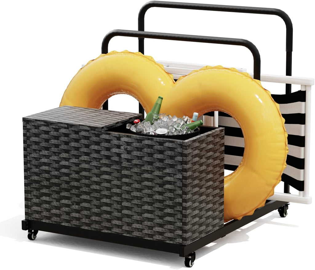 FONTOI Pool Storage, Pool Float Storage Bin with Wheels, Waterproof Metal with Rattan Pattern Textured UV Print Outdoor Pool Towel Rack, All-Weather Float Storage Organizer for Cushions, Black