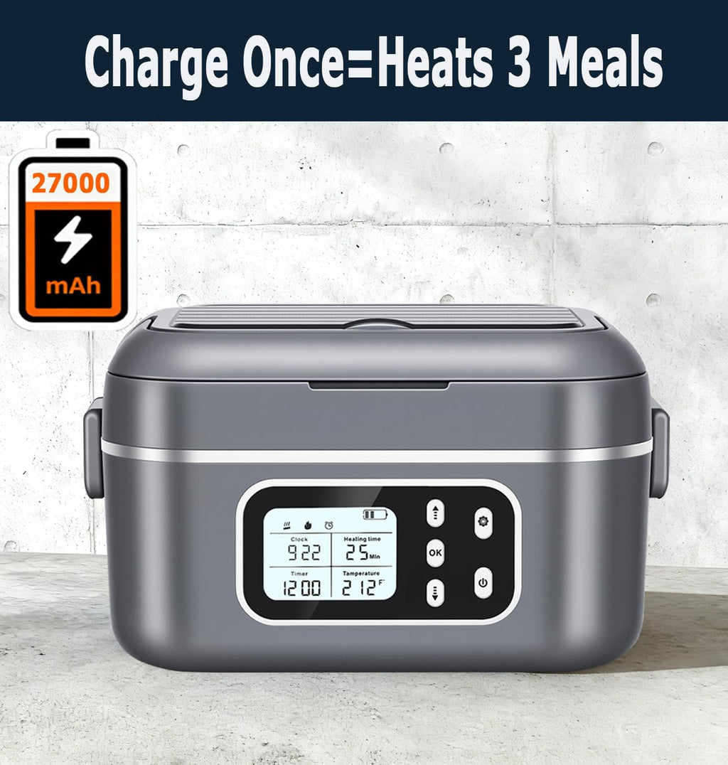 27000mAh Cordless Electric Heated Lunch Box, 100W Rechargeable Portable Food Warmer for Adults Work Travel Car - Battery-Powered & Self-Heating, 2 x 6.3 cups