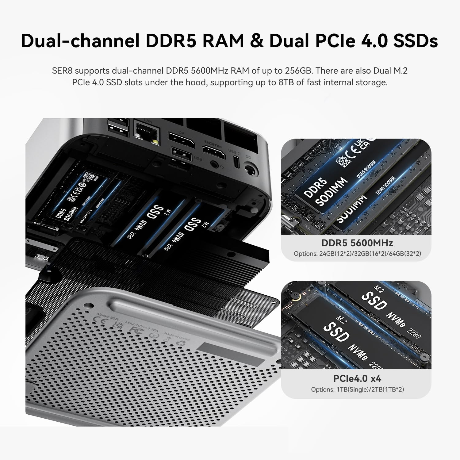 Beelink Mini PC SER8 AMD Ryzen 7 8745HS Mini Computer(8C/16T, up to 4.9GHz), 32GB DDR5 1TB NVMe SSD, Micro PC 4K UHD Triple Display HDMI/DP1.4/Type-C/WiFi 6/Bluetooth 5.2/2.5Gbps Ethernet/W-11 Pro