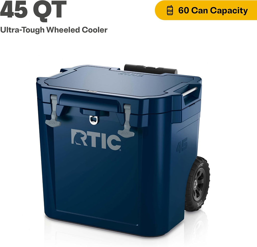 RTIC 45 QT Wheeled Ultra-Tough Cooler Hard Insulated Portable Ice Chest Box for Beach, Drink, Beverage, Camping, Picnic, Fishing, Boat, Barbecue, Rotomolded Construction