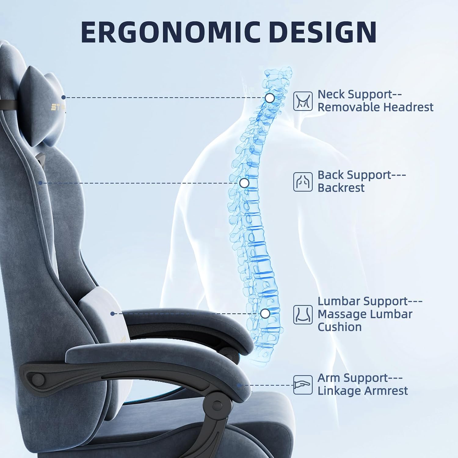 Huracan Velvet Fabric Gaming Chair with Footrest for Adults, Ergonomic Gaming Chairs with Massage Lumbar, Reclining Racing Computer Chair with Spring Cushion for Home Office Video Game, Grey