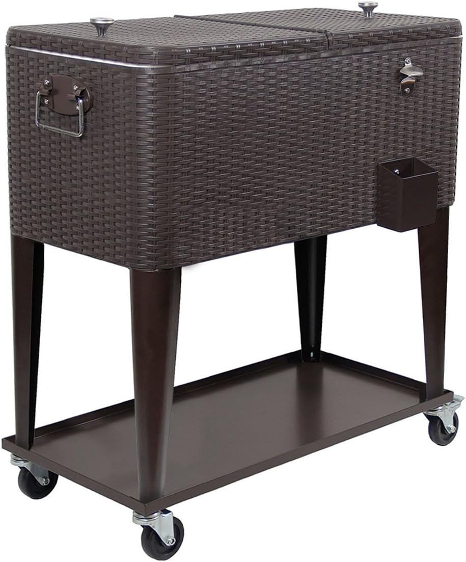 80 Quart Qt Rolling Cooler Ice Chest Cart for Outdoor Patio Deck Party, Dark Brown Wicker Faux Rattan Tub Trolley, Portable Backyard Party Drink Beverage Bar, Wheels with Shelf & Bottle Opener