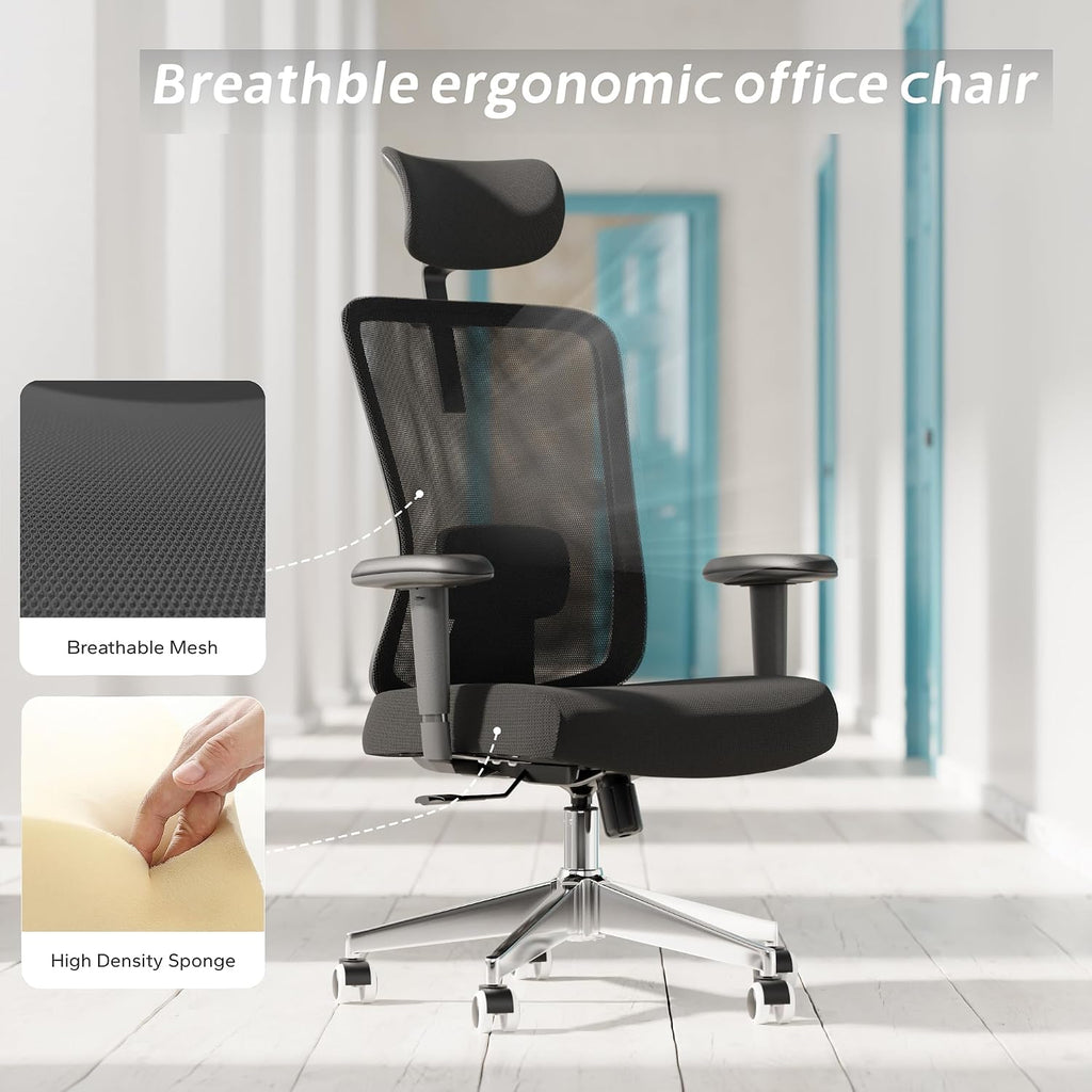 Ergonomic Office Chair, Mesh Desk Chair with Adjustable Headrest and 2D Armrest，Computer Chairs with Lumbar Support, Big and Tall Office Chair 400lbs, Large (01black)