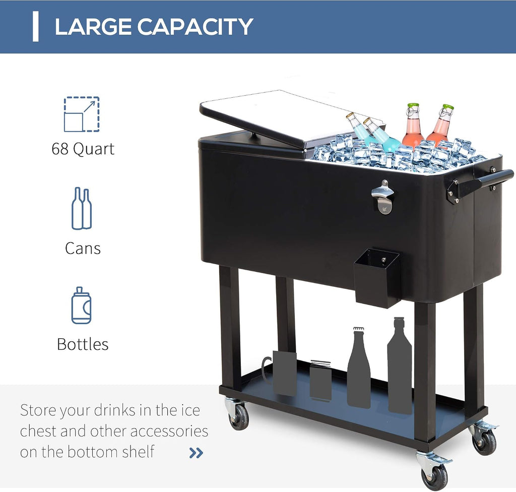 Outsunny 80 QT Rolling Cooling Bins Ice Chest on Wheels Outdoor Stand Up Drink Cooler Cart for Party, Black