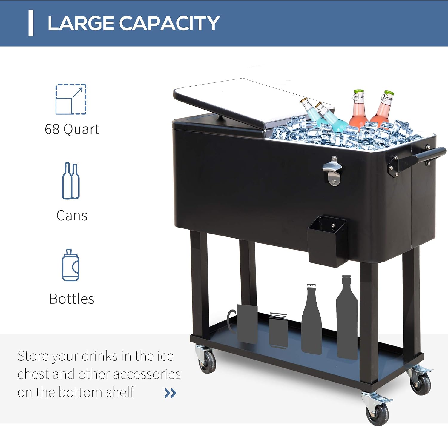 Outsunny 80 QT Rolling Cooling Bins Ice Chest on Wheels Outdoor Stand Up Drink Cooler Cart for Party, Black