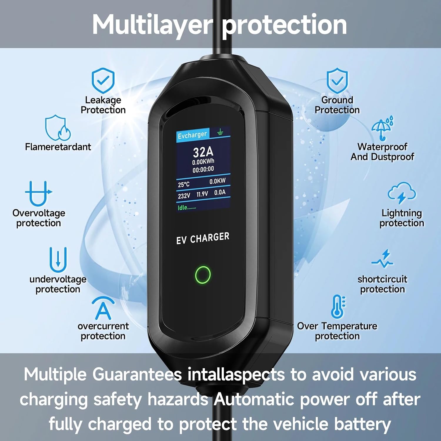 7.2kW Type 2 Charging Cable, 6/8/10/13/16/20/24/32A Adjustable Current, Charging Cable Electric car Type 2, EV Charger with Bag, 6M