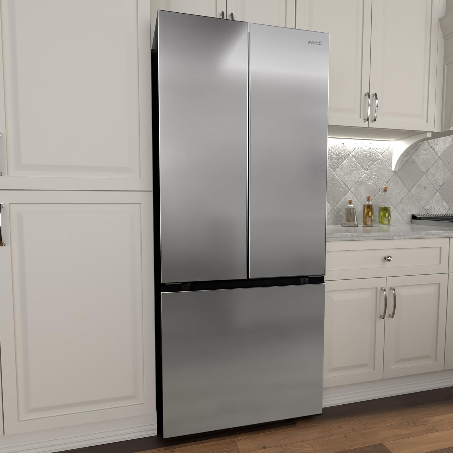 Avanti French Door Refrigerator with Bottom Freezer 30-Inch Wideâ€‹, Frost Free Technology, Large Capacity with Adjustable Shelves, Door Bins & Crisper Drawers, 17.5 Cu.Ft., Stainless Steel