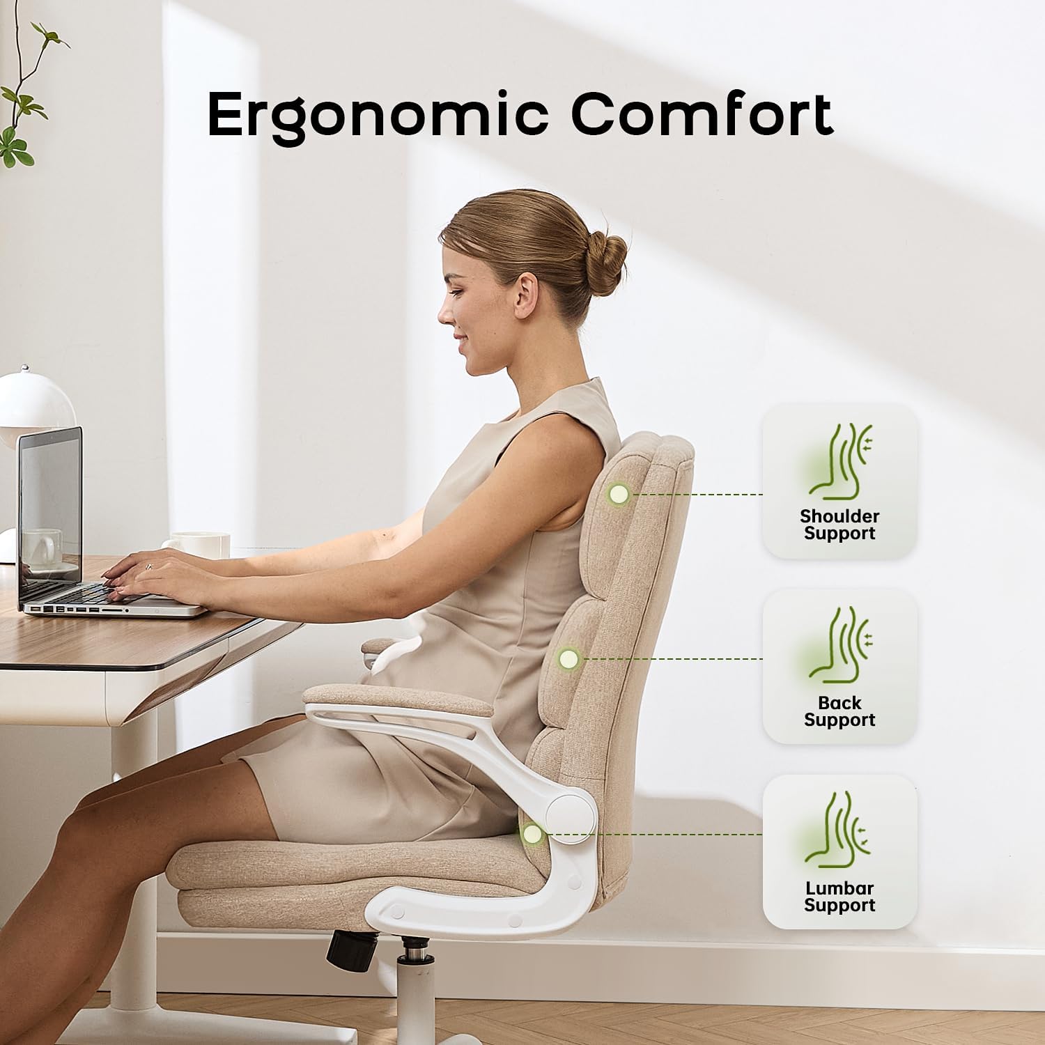 amseatec Office Chair Adjustable Desk Chair Mid Back Executive Comfortable Fabric Ergonomic Back Support Home Computer Chair with Padded Flip-up Armrest Swivel Wheels (Beige)