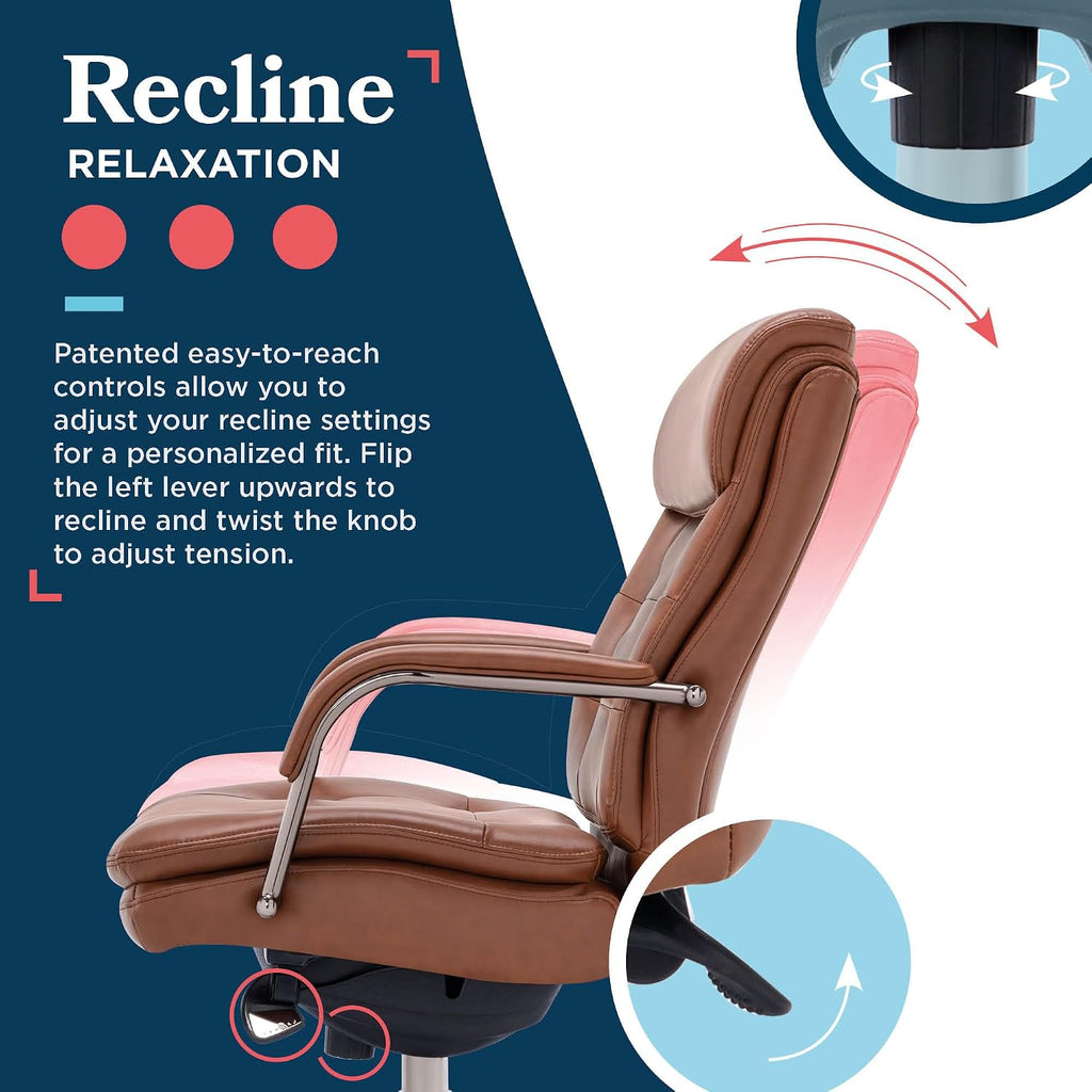La-Z-Boy Sonata Executive Mid-Back Office Chair, Button-Tufted Seat and Back, Double-Layer Cushion, Padded Armrests, Ergonomic Computer DeskChair, Swivel Metal Base, Bonded Leather, Cognac/Graphite