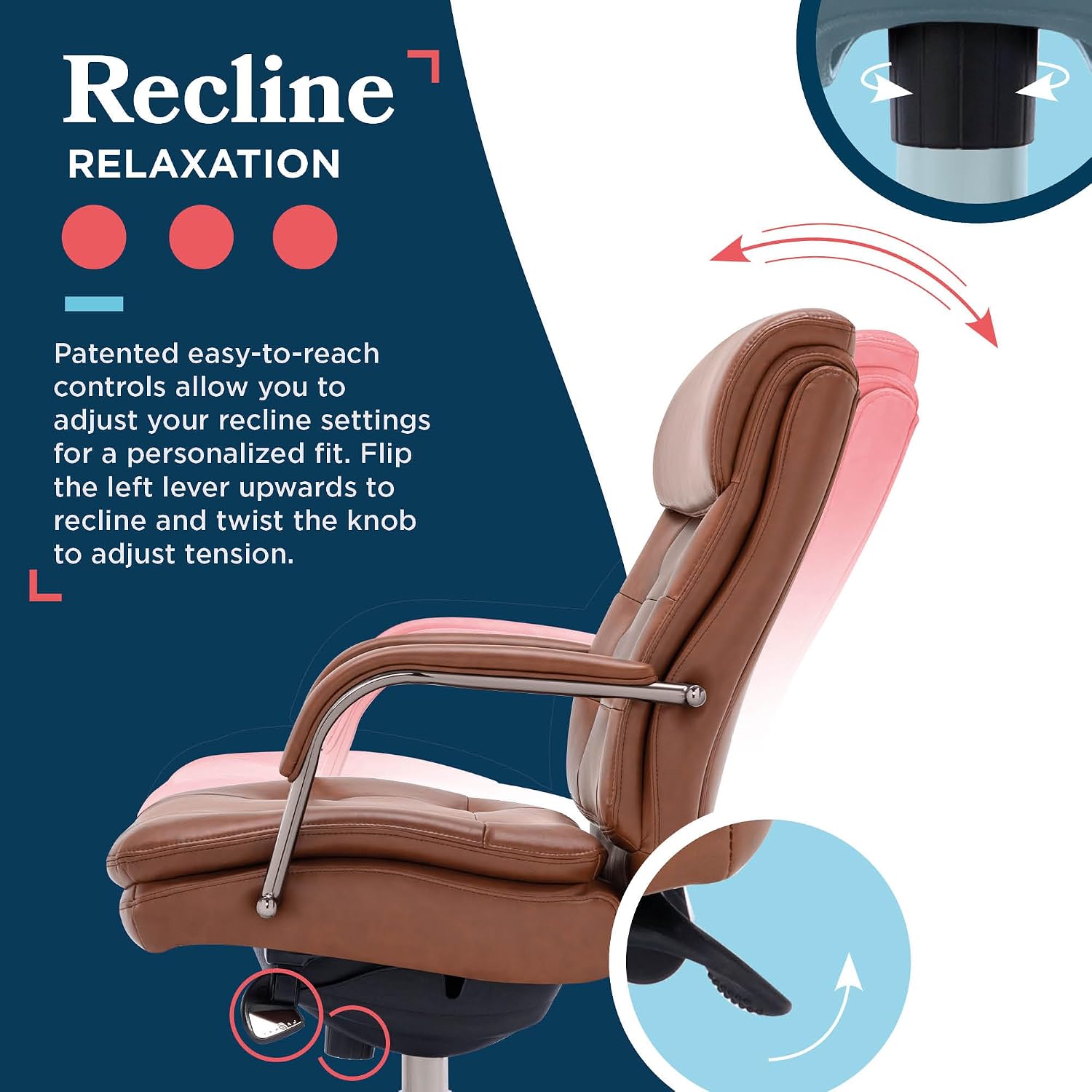 La-Z-Boy Sonata Executive Mid-Back Office Chair, Button-Tufted Seat and Back, Double-Layer Cushion, Padded Armrests, Ergonomic Computer DeskChair, Swivel Metal Base, Bonded Leather, Cognac/Graphite