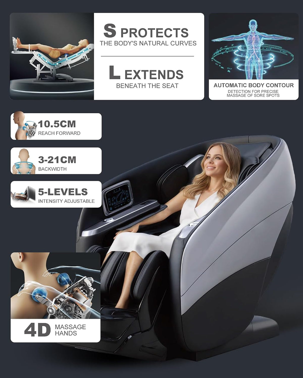 Massage Chair Full Body,4D Zero Gravity Massager Recliner with Touch Screen Controller, SL-Track Heating, Foot Massage, Auto Modes, Bluetooth Speaker, Black
