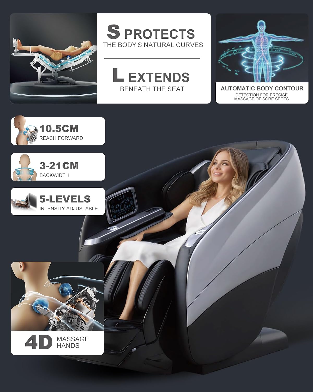 Massage Chair Full Body,4D Zero Gravity Massager Recliner with Touch Screen Controller, SL-Track Heating, Foot Massage, Auto Modes, Bluetooth Speaker, Black