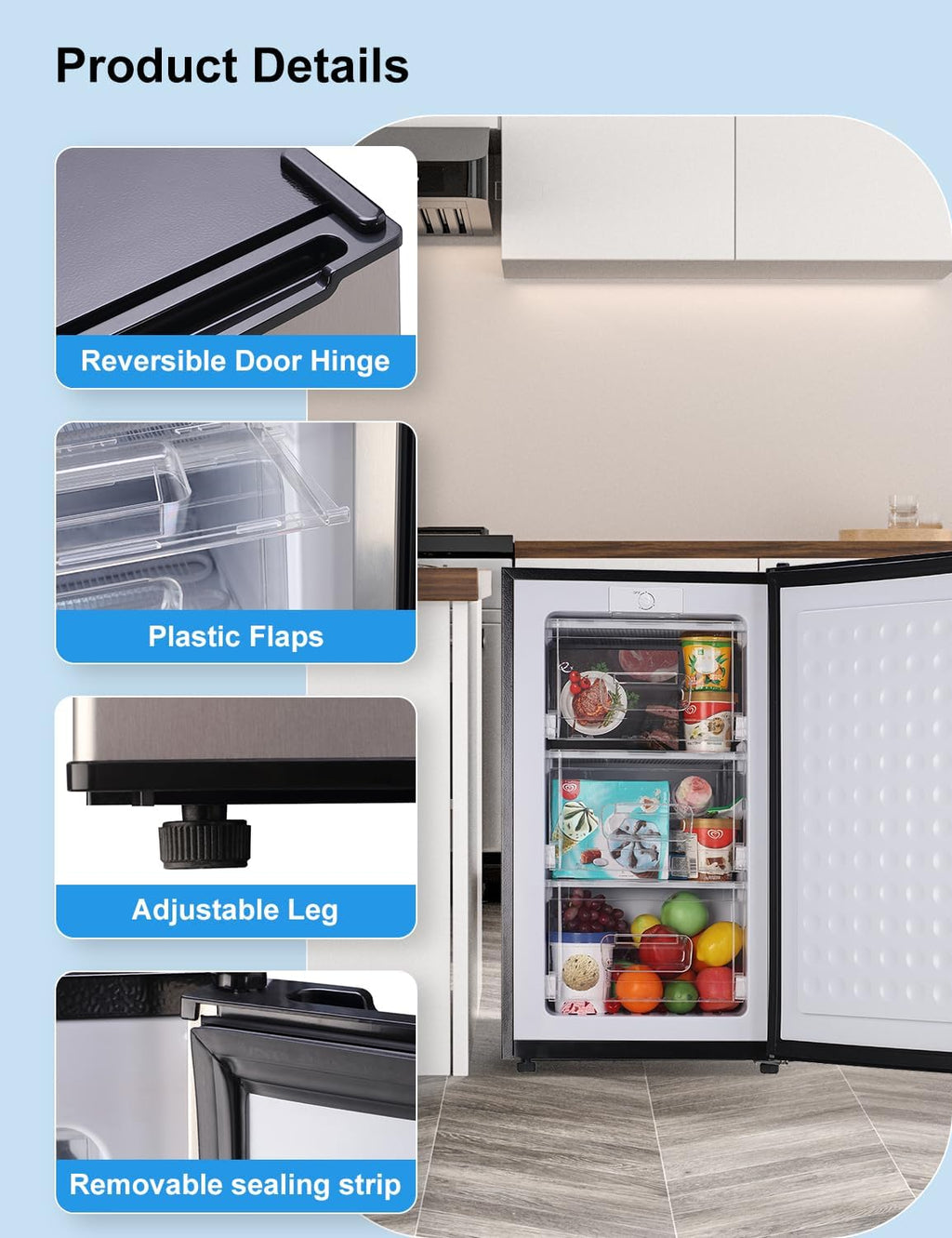 Upright Freezer, 3.2 Cu Ft Mini Small Freezer for 1-2 People, Portable Compact Freezer with 3 Plastic Baffles, 4D Cooling & 40dB Ultra-Quiet, Fast Freeze (-13°F) - Silver