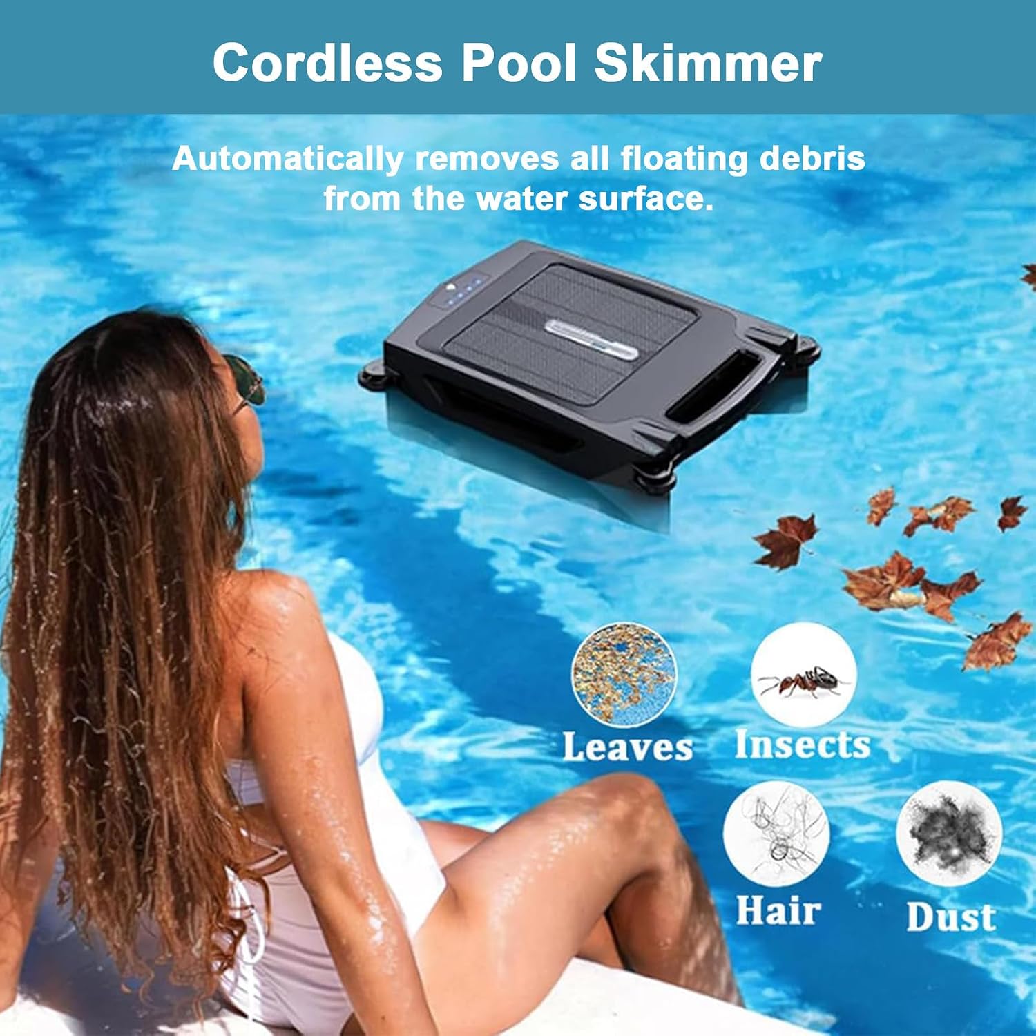 Upgrade Pool Float Cleaner, Cordless Solar Pool Skimmer Cleaner, Dual Charging with Solar/Charger + Automatic Obstacle Avoidance, 2500 mAh Battery for Max Cleaning Area of 80 M²