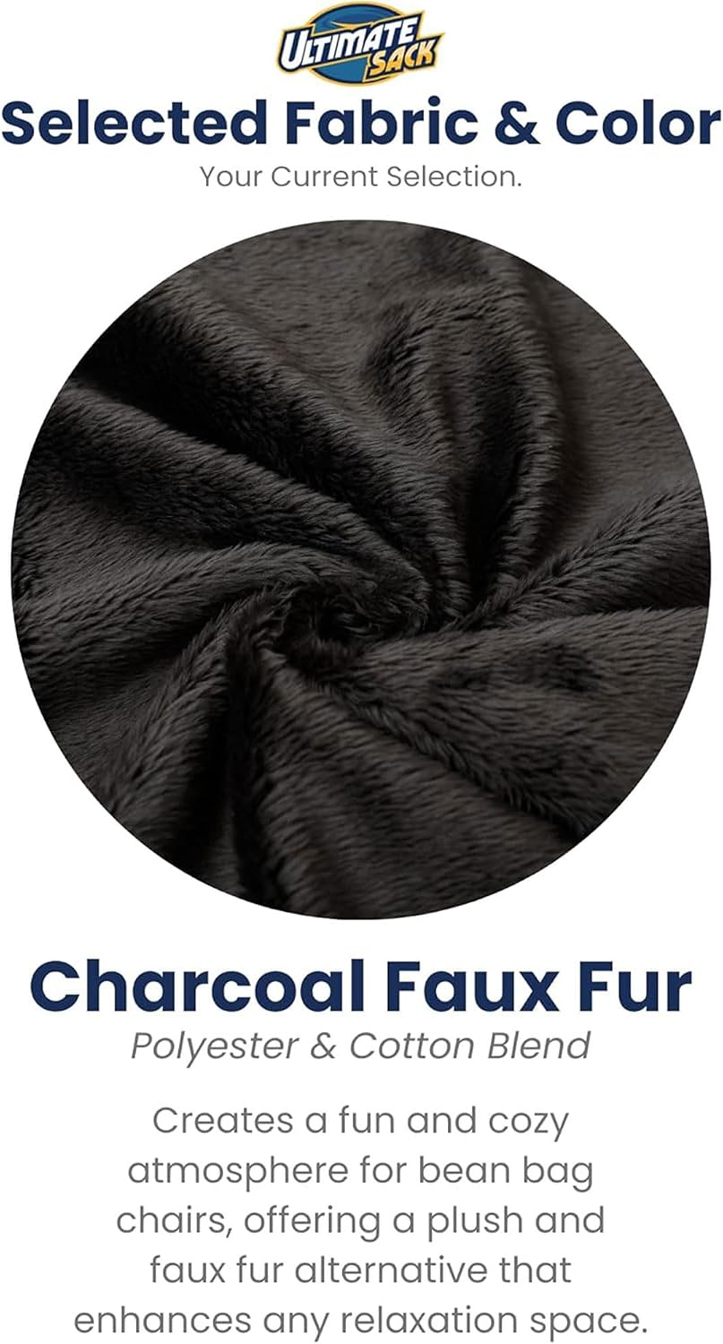 ULTIMATE SACK 6000 6-Foot Bean Bag Chair, Charcoal Fur Cover – Oversized Foam Lounger, Floor Seat, Small Sofa, or Couch Bed for Living Area, Gaming Room, or Reading Lounge