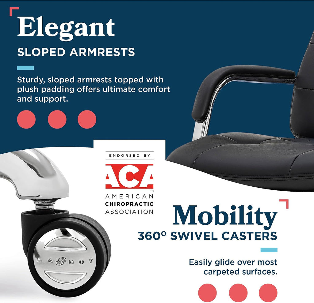 La-Z-Boy Sonata Executive Mid-Back Office Chair, Button-Tufted Seat and Back, Double-Layer Cushion, Padded Armrests, Ergonomic Computer DeskChair, Swivel Metal Base, Bonded Leather, Black/Chrome