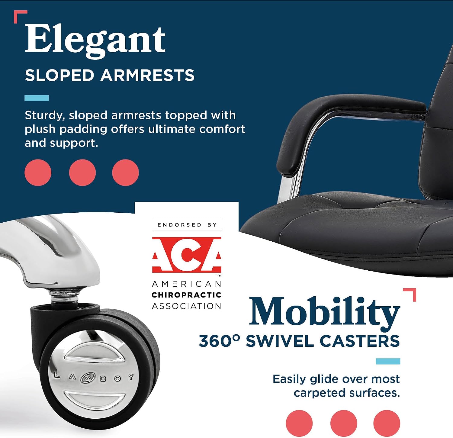 La-Z-Boy Sonata Executive Mid-Back Office Chair, Button-Tufted Seat and Back, Double-Layer Cushion, Padded Armrests, Ergonomic Computer DeskChair, Swivel Metal Base, Bonded Leather, Black/Chrome