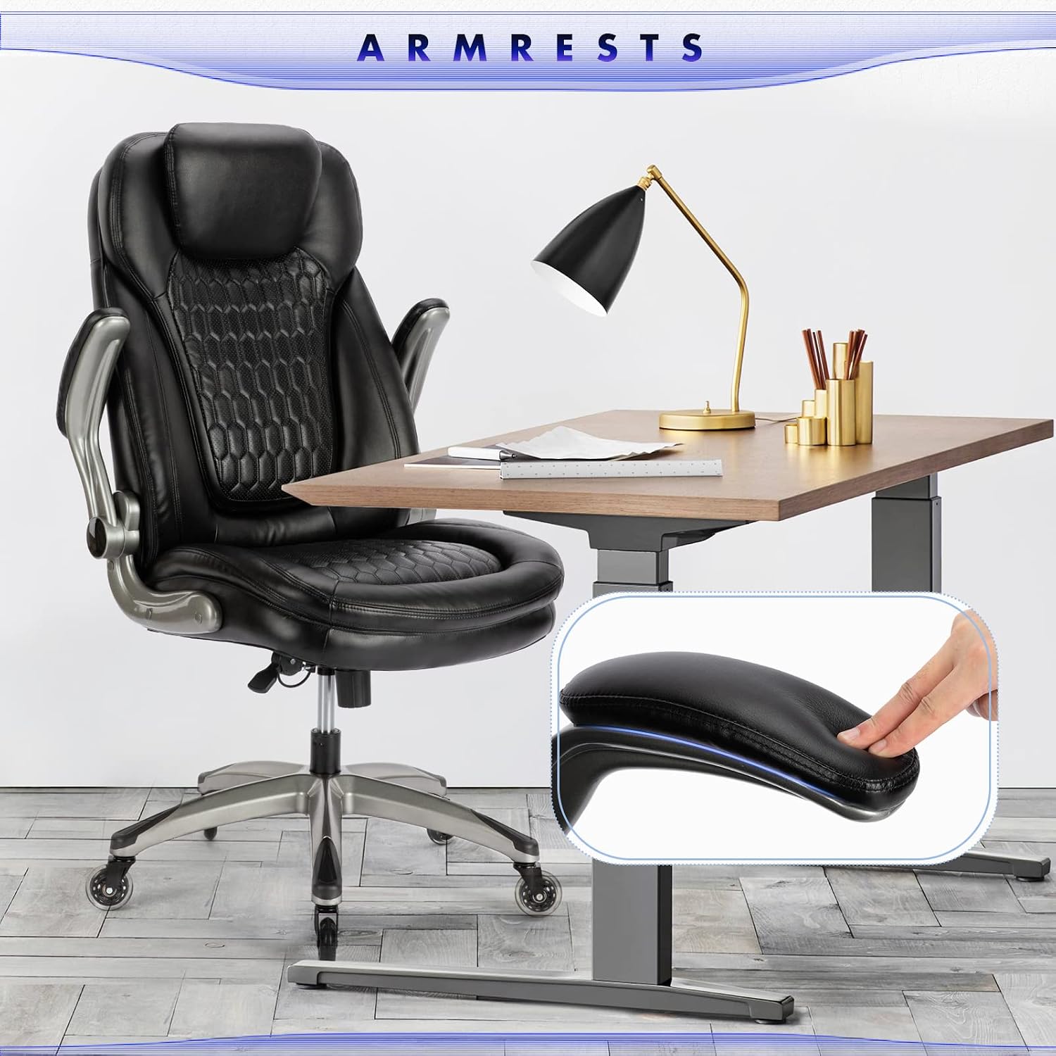 COLAMY High Back Executive Office Chair (Set of 2), Ergonomic PU Leather Desk Chairs with Flip-Up Arms and Upgraded Swivel Casters, Comfortable Computer Chairs for Home Office – Black