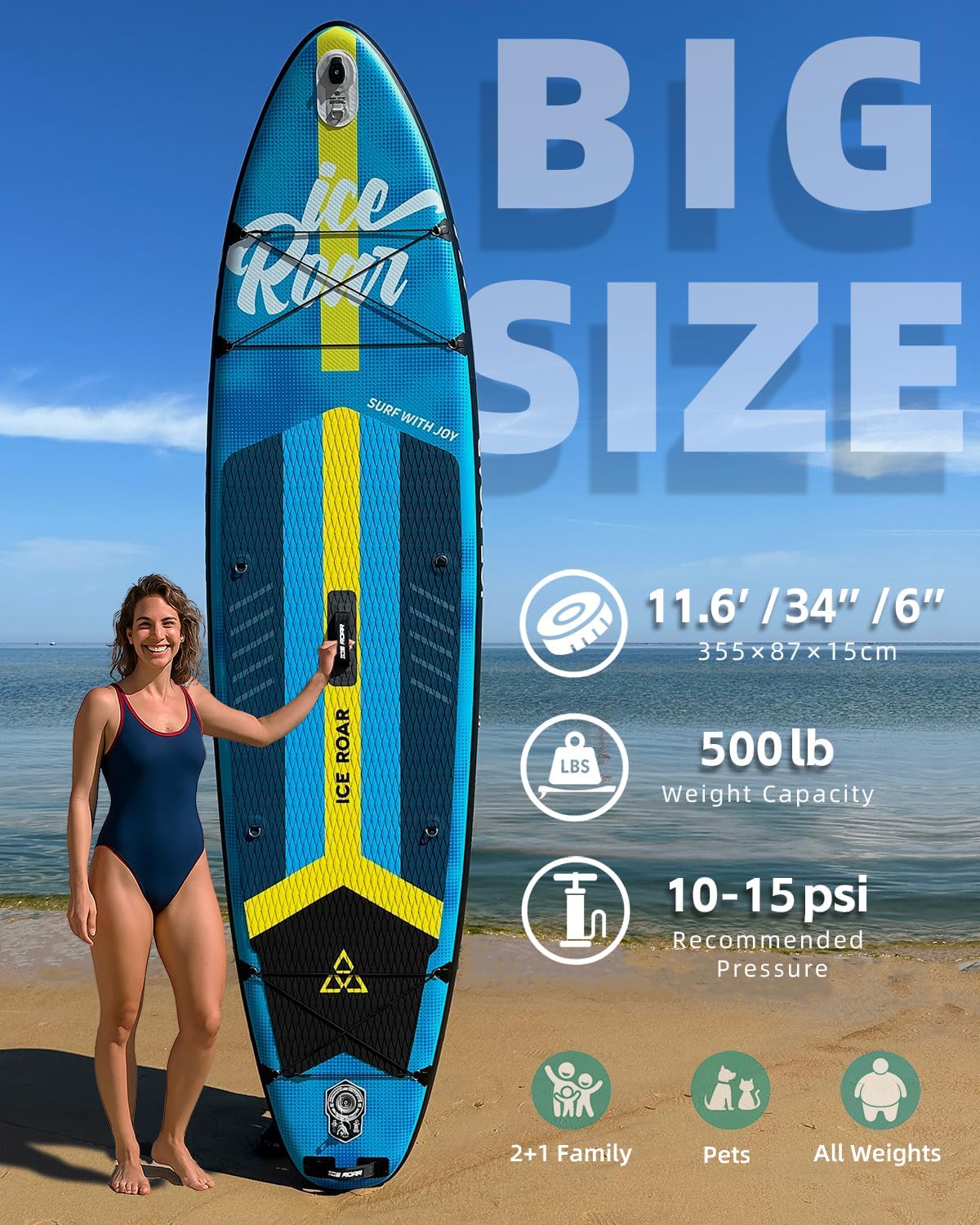 11'6'×34' Inflatable SUP - Extra Wide Stand Up Paddle Board for Adults & Youth - Ultra Stable Big Size Paddleboard for Fishing & Family - Large Size with Premium Pump & Accessories
