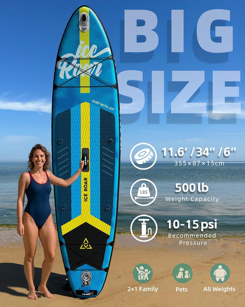 11'6'×34' Inflatable SUP - Extra Wide Stand Up Paddle Board for Adults & Youth - Ultra Stable Big Size Paddleboard for Fishing & Family - Large Size with Premium Pump & Accessories