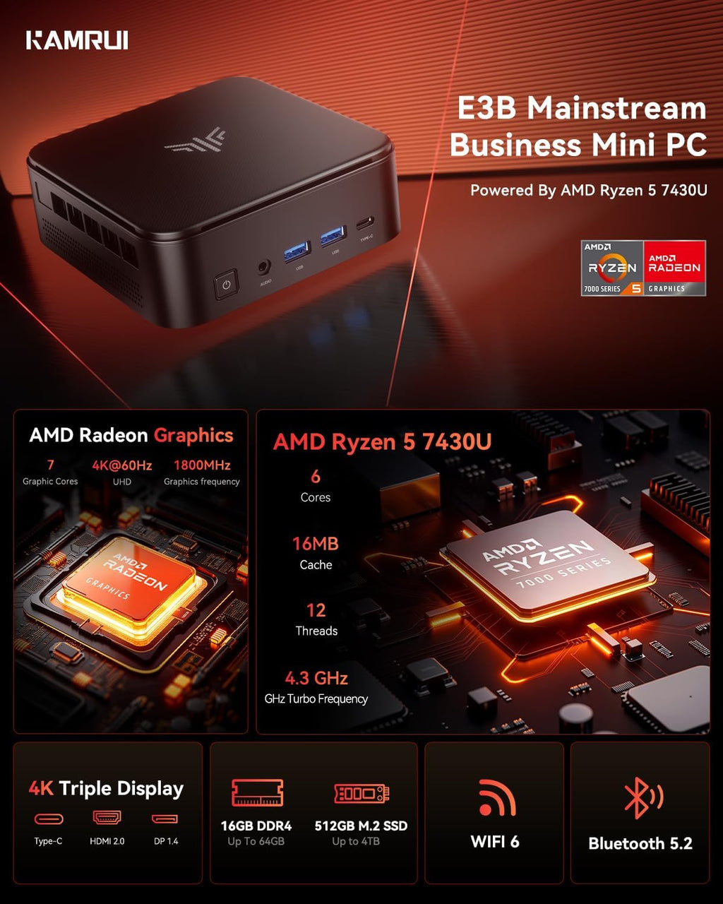 KAMRUI E3B Mini PC, Mini Gaming PC AMD Ryzen 5 7430U 6C/12T, (Beat 5650U,Up to 4.3GHz) Mini Desktop Computer 16GB RAM 512GB SSD，Small Pc Support WiFi 6, BT5.2, Triple Display for Office Home