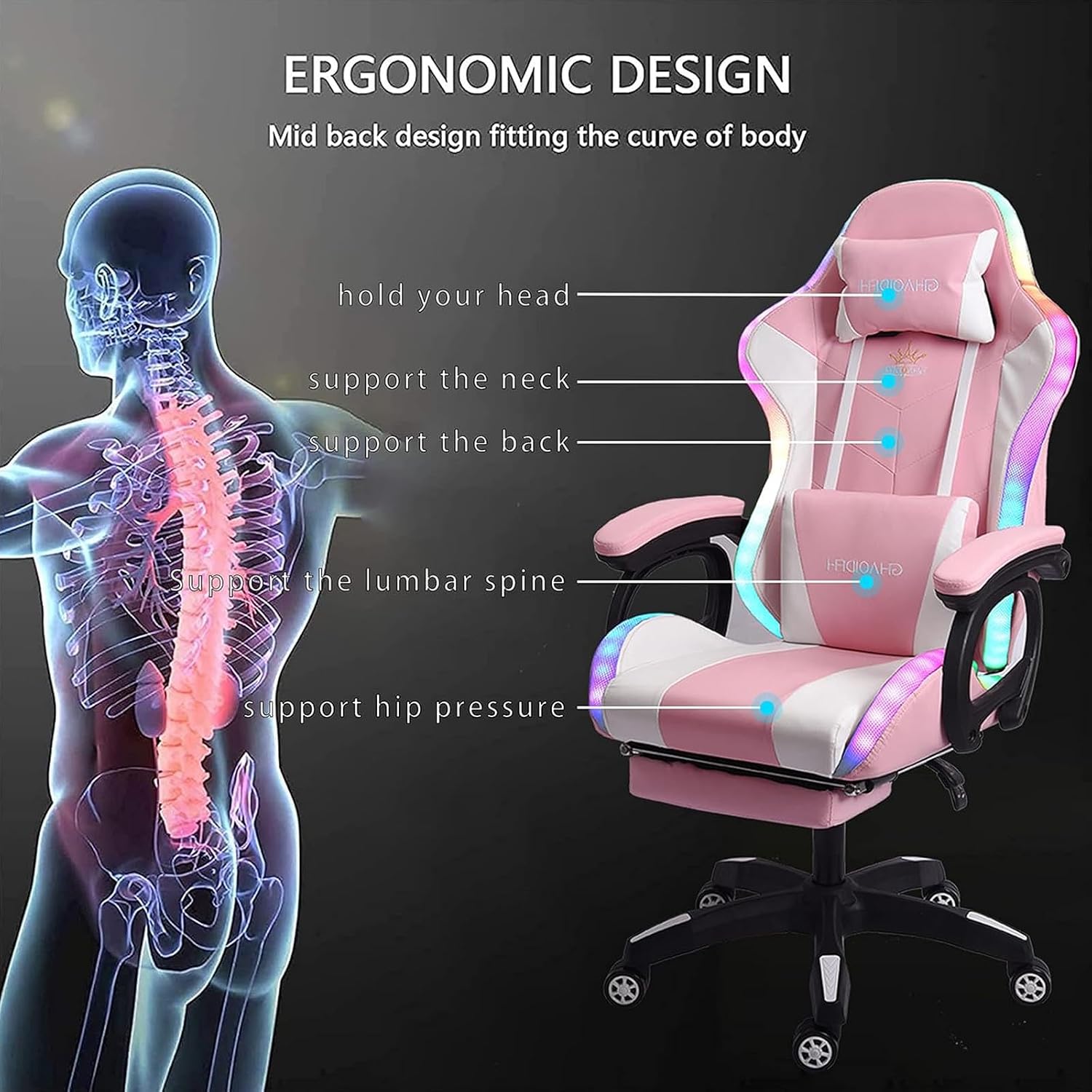 Gaming Chair with Bluetooth Speakers,Computer Chair Massage with LED Lights,Ergonomic Game Chair,Computer Stool with Footrest and Lumbar Support Height Adjustable with 360°-Swivel Seat (Pink)