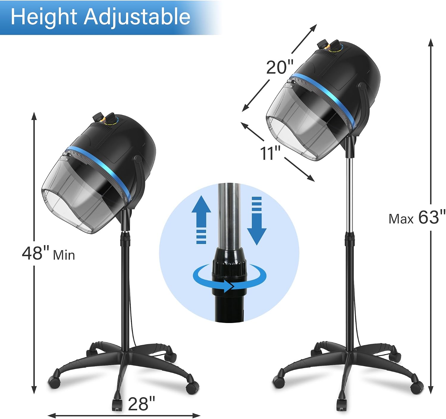 1300W Adjustable Hooded Hair Dryer Professional Stand Up Bonnet Hair Dryer Salon Equipment with Rolling Base for Home Hair Drying
