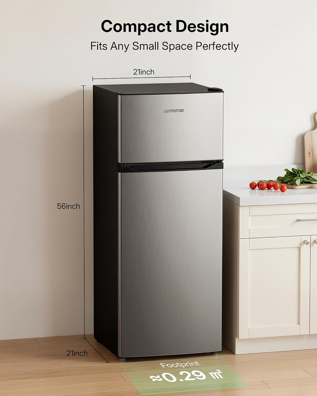 Upstreman 7.7 Cu.Ft. Refrigerator with Freezer, Double Door, Adjustable Thermostat, Large Capacity, Reversible Door Swing, Refrigerator for Apartment, Office, Dorm, Stainless (BD75)