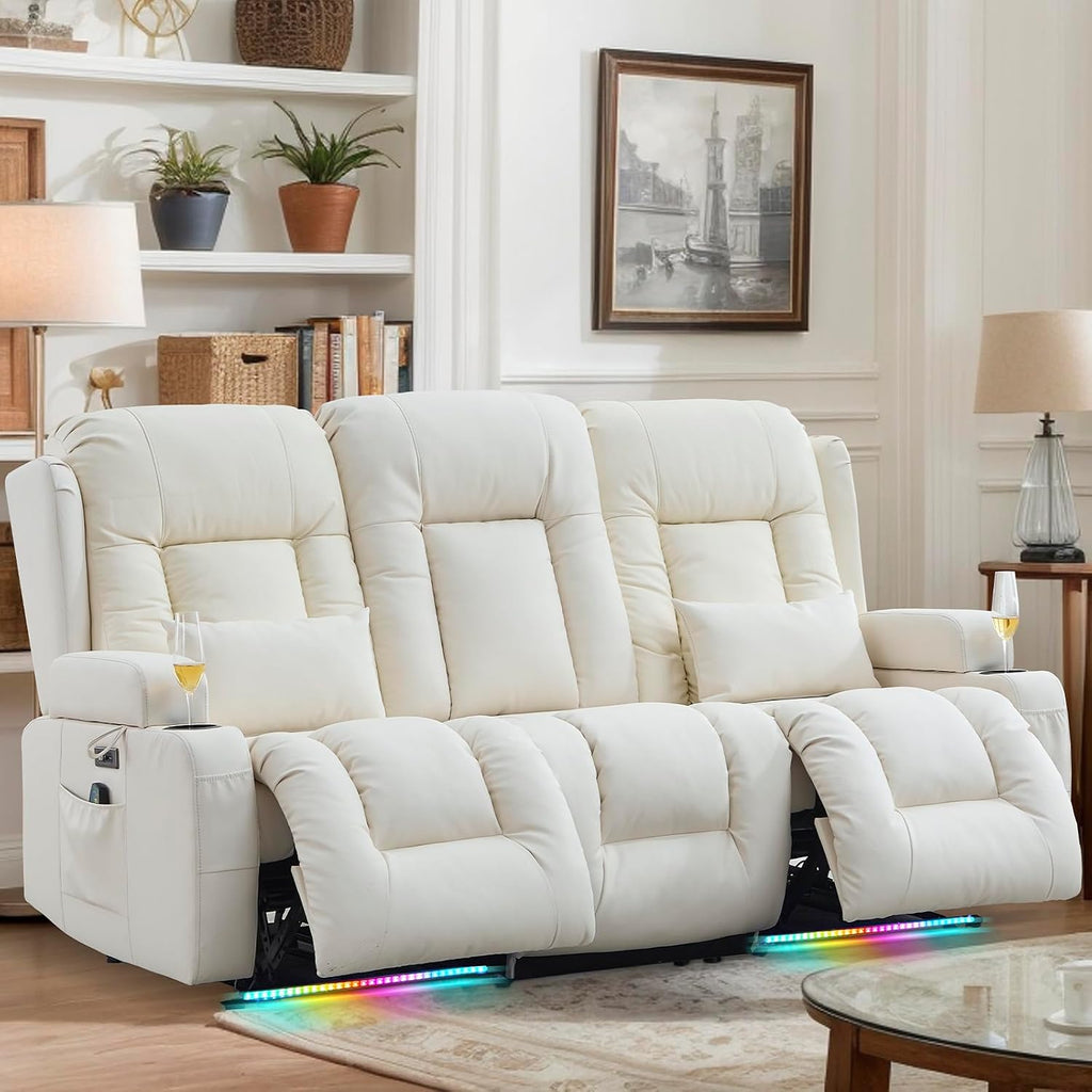 Loveseat Recliner Sofa, Leather Sofa with Massage & Heating, Home Theater Seating Power Reclining Loveseat with Outlet/LED Light/Cup Holders/Lumbar Pillows (Beige, 3 Seat)