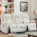 Loveseat Recliner Sofa, Leather Sofa with Massage & Heating, Home Theater Seating Power Reclining Loveseat with Outlet/LED Light/Cup Holders/Lumbar Pillows (Beige, 3 Seat)