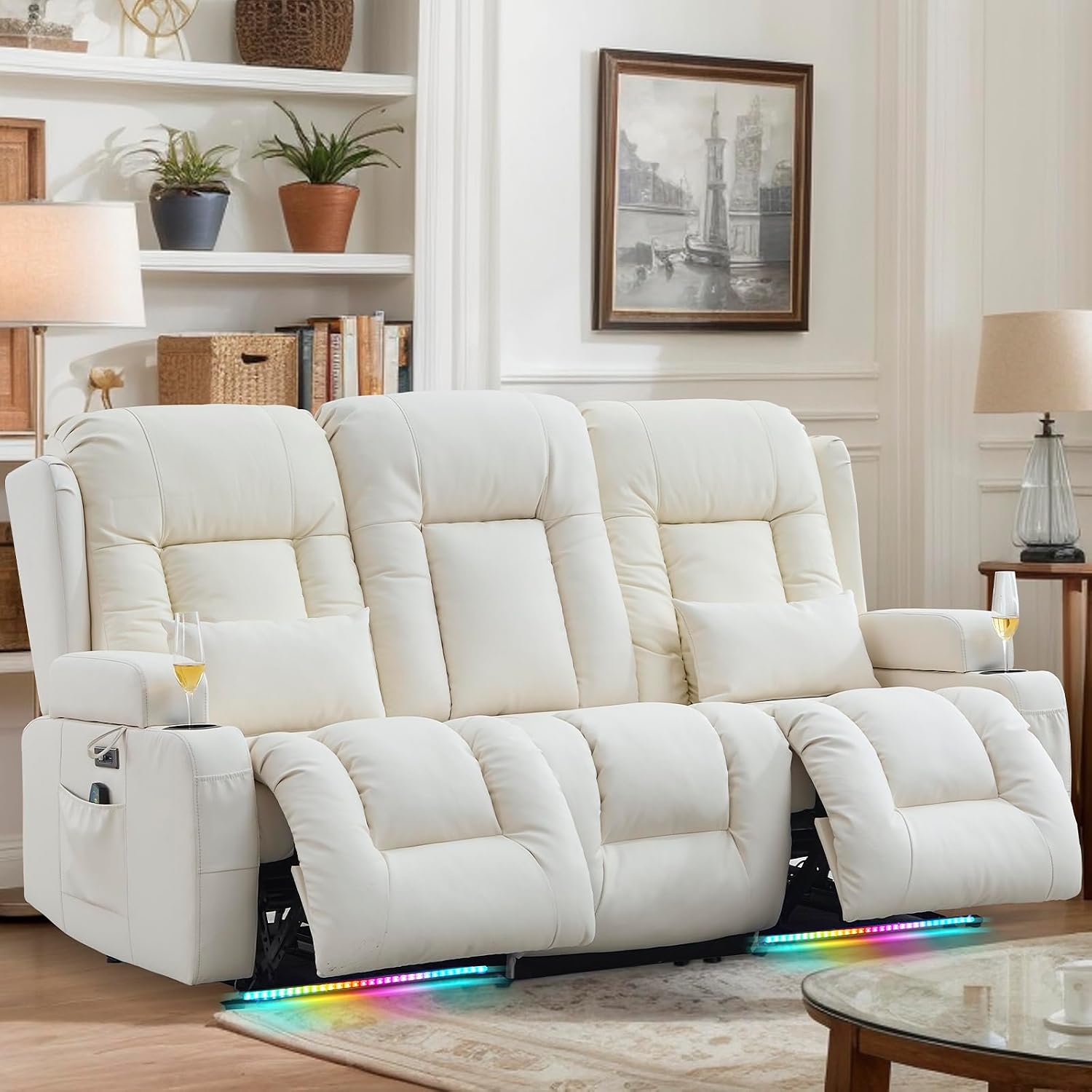 Loveseat Recliner Sofa, Leather Sofa with Massage & Heating, Home Theater Seating Power Reclining Loveseat with Outlet/LED Light/Cup Holders/Lumbar Pillows (Beige, 3 Seat)