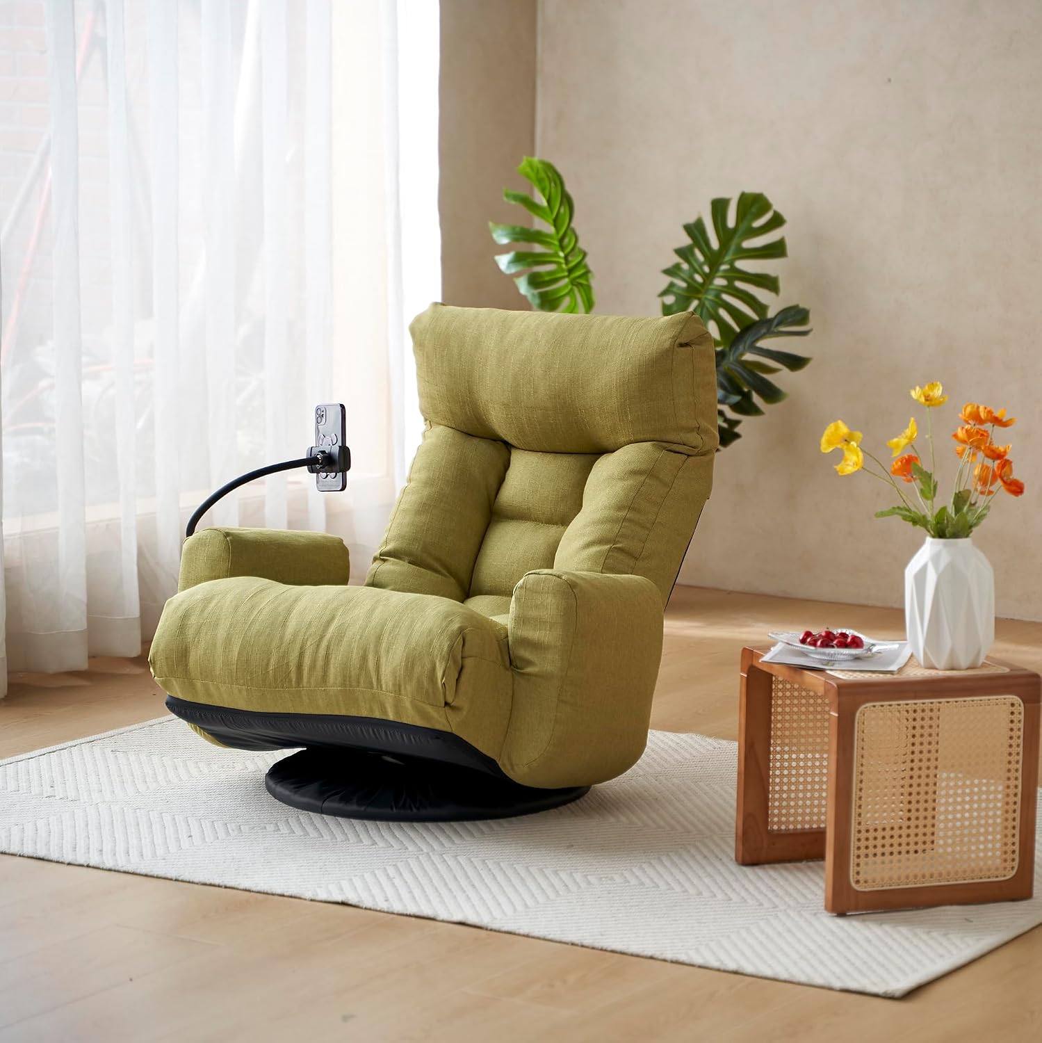 Yoglad Japanese Style Chaise Lounge Sofa with Phone Holder, 360-Degree Swivel Chair Floor Gaming Chair Lazy Sofa for Reading Game Meditating, 3 Adjustable Positions (Linen Lime Green)
