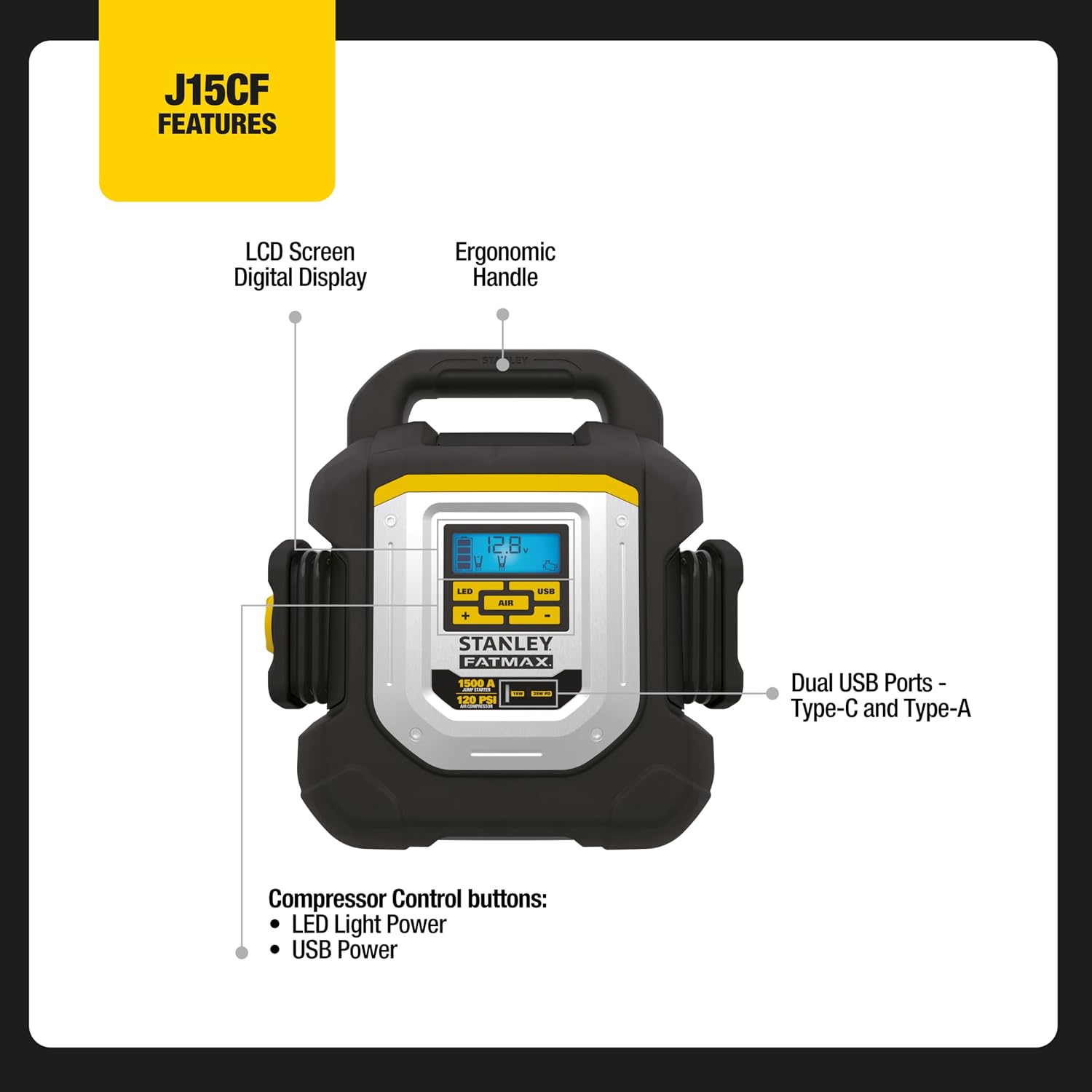 STANLEY J15CF 1500 Peak Amp Jump Starter, 120 PSI Compressor, Light, AC, and USB Power