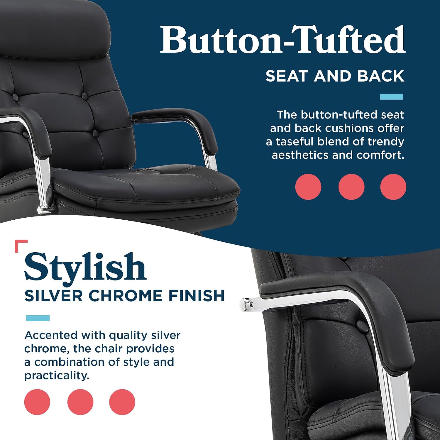 La-Z-Boy Sonata Executive Mid-Back Office Chair, Button-Tufted Seat and Back, Double-Layer Cushion, Padded Armrests, Ergonomic Computer DeskChair, Swivel Metal Base, Bonded Leather, Black/Chrome