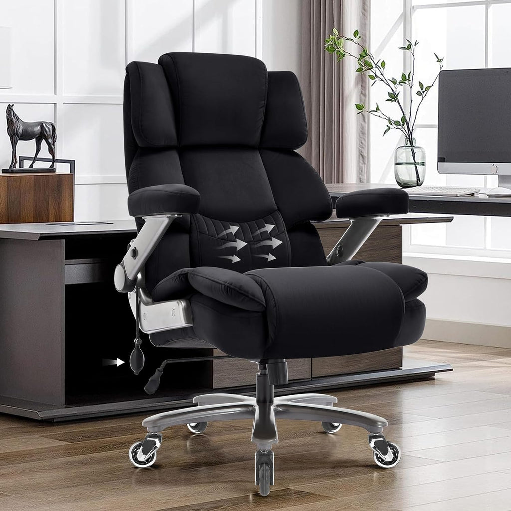 VUZI 700LBS Large Heavy Duty Office Chair with 3D Flip Arms, Big and Tall Plus Size Fabric Executive Desk Chairs, High Back Extra Wide Computer Chair with Adjustable Lumbar Support, Sturdy Metal Base