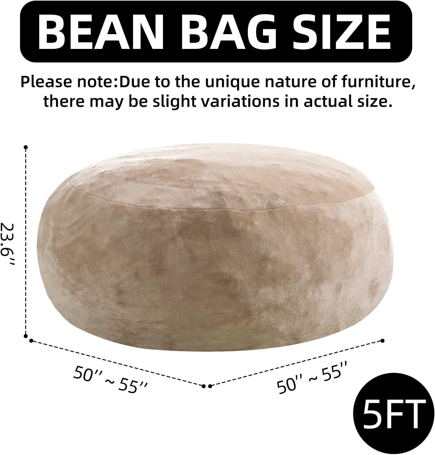 SANAE Oversized 5FT Memory Foam Bean Bag Chair for Adults - Apricot Corduroy Fabric with Filling, Supportive & Washable Plush Movie Night Beanbag, Giant Lounge Chair for Bedroom/Classroom/Dorm