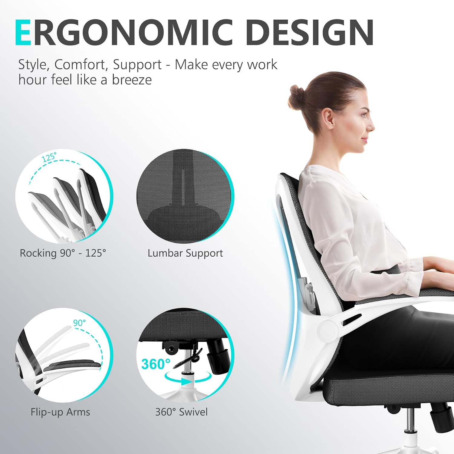 balmstar Ergonomic Office Chair Desk Chair - Mesh Computer Chair with 360° Swivel Wheels, Adjustable 90-130° Recline & Lumbar Support for Home Office, Supports up to 350lbs (04Black)
