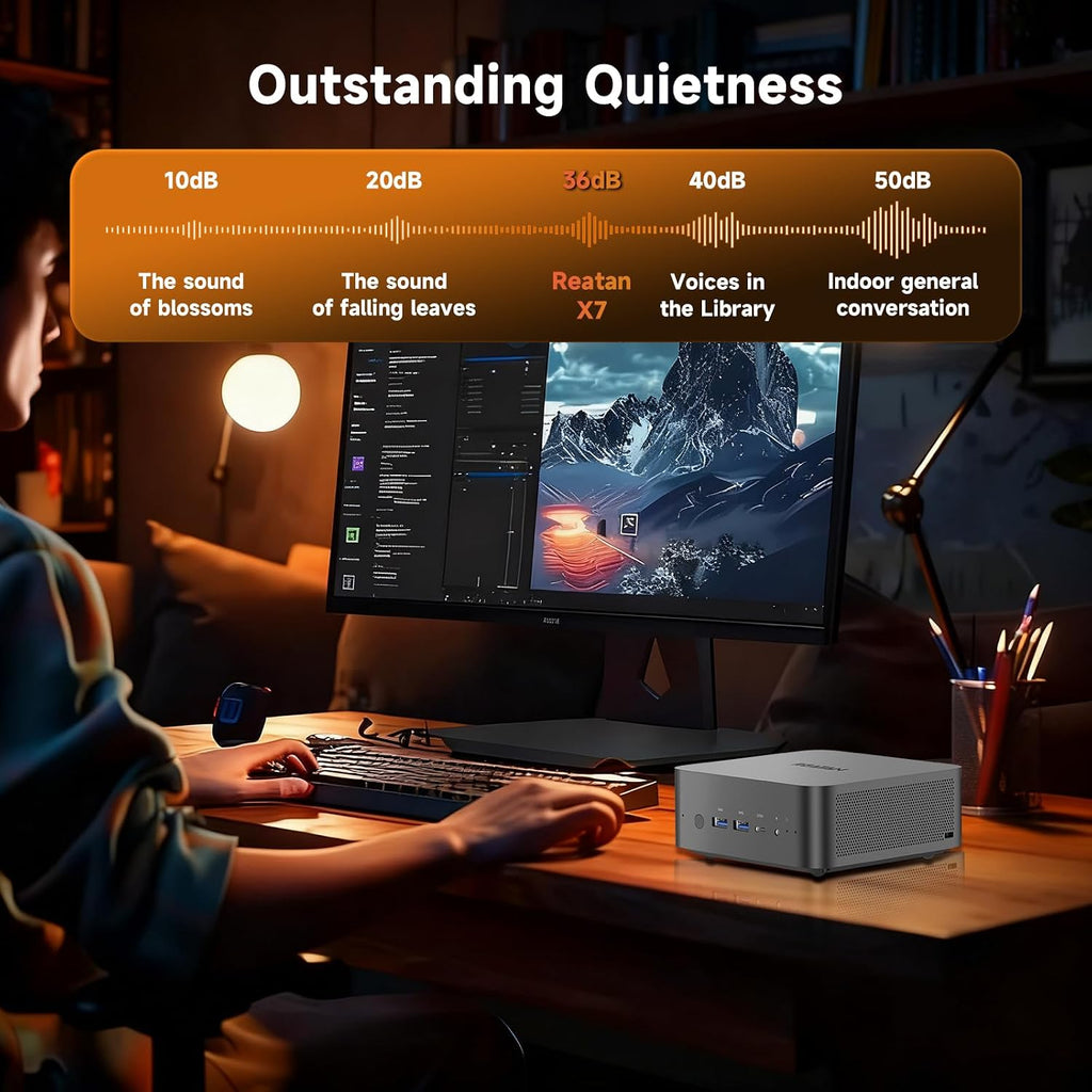 Reatan X7 Mini Gaming PC,AMD Ryzen 7 255(8C/16T, up to 4,9 GHz) Radeon 780M 48GB RAM DDR5 + 2TB SSD Up to 8K Quad-Screen Display Desktop Gaming Mini Computers OCulink WiFi 7 BT:5.4 Built-in Speaker