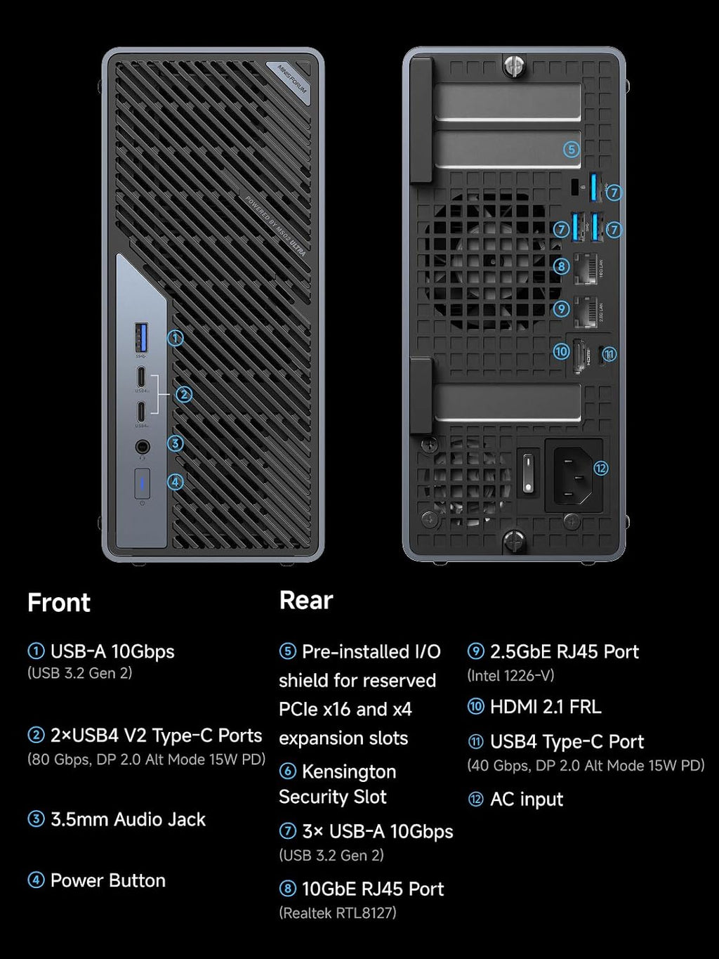 MINISFORUM MS-02 Ultra Workstation Mini PC,Intel Core Ultra 5 235HX (14 cores/14 Threads, up to 5.1 GHz), PCIe 5.0 x16, 4× DDR5, USB4 v2, 10GbE+2.5GbE (vPro), Wi-Fi 7, Barebone Without RAM/SSD