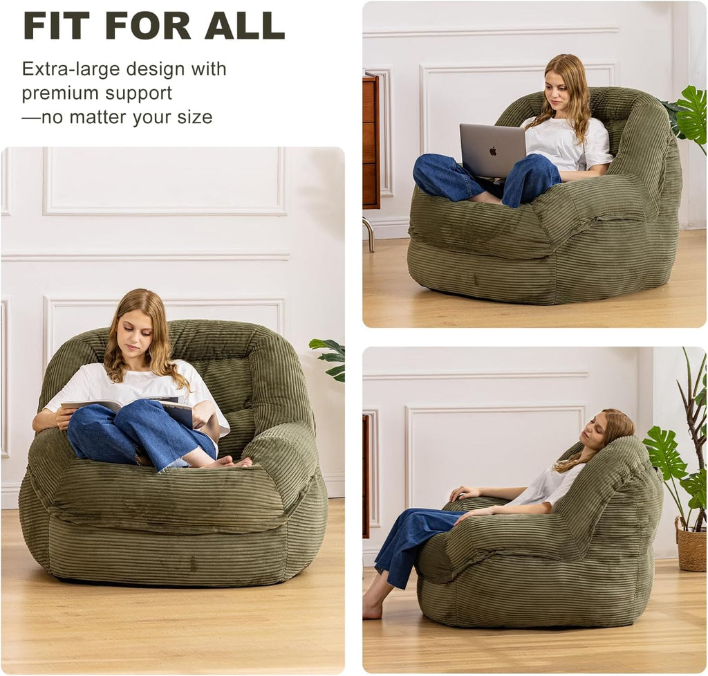 Giant Bean Bag Chair with Armrests - Oversized Cozy Seating for Adults, Corduroy Fabric & High-Resilience Foam Filling, Ideal Lounge for Living Room, Bedroom & Gaming Room (Olive Green)