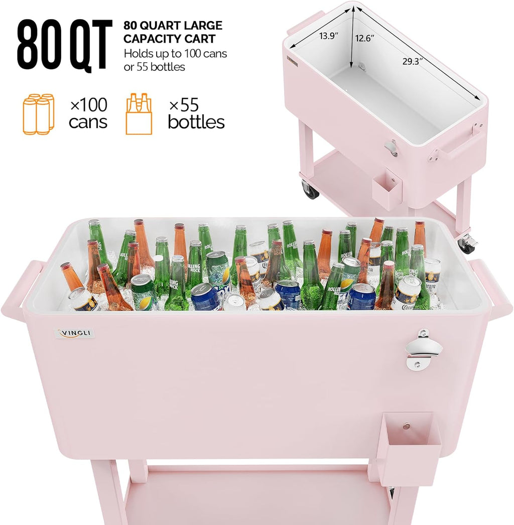 VINGLI Rolling Ice Chest, Portable Patio Party Bar Drink Cooler Cart, with Shelf, Beverage Pool with Bottle Opener