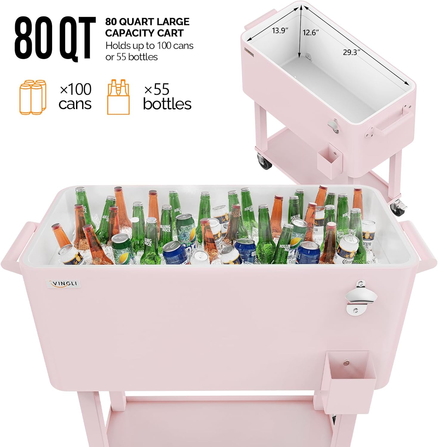 VINGLI Rolling Ice Chest, Portable Patio Party Bar Drink Cooler Cart, with Shelf, Beverage Pool with Bottle Opener