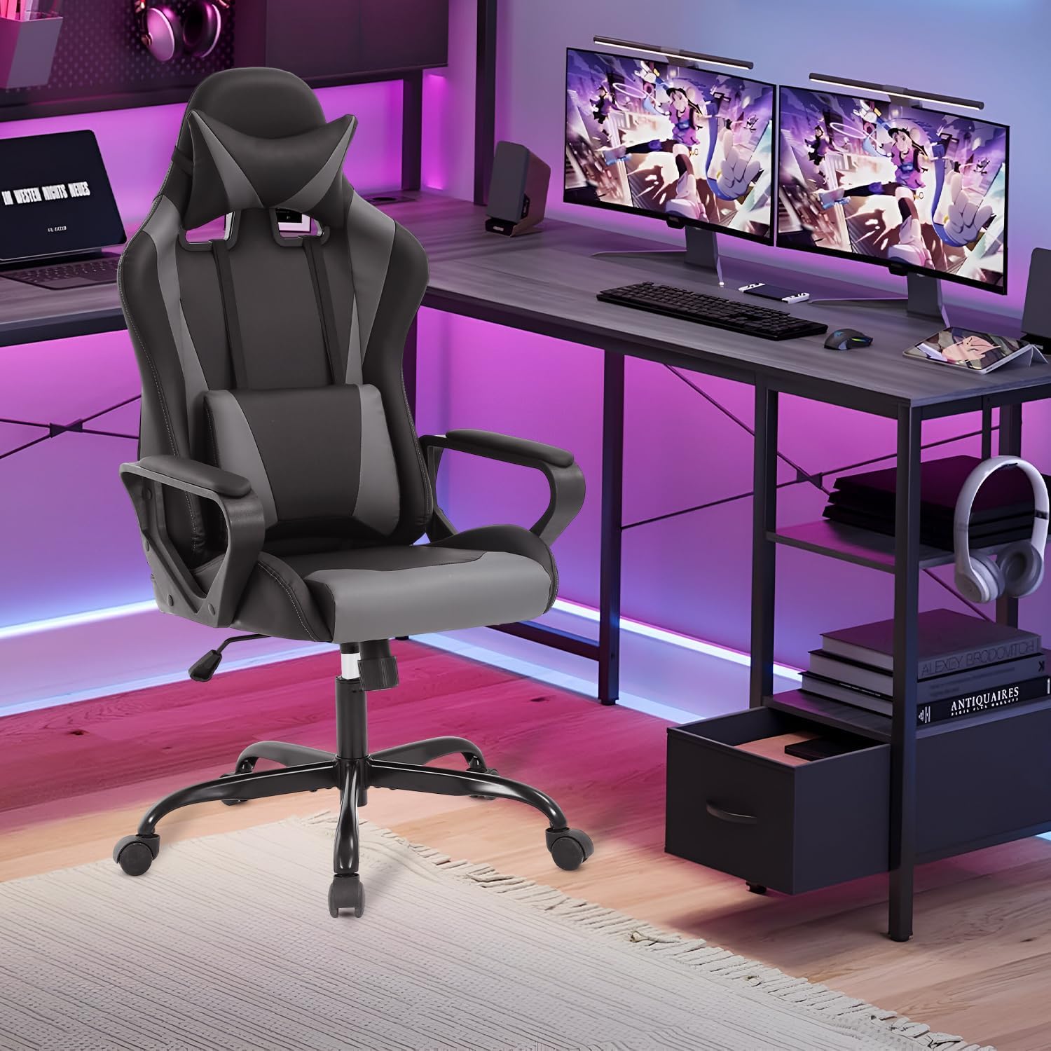 Dopinmin PU Leather Ergonomic Gaming Chair Esports Computer Chair Boss Chair with Lumbar Cushion and Retractable Footrest Video Game Chair for Streaming,Grey