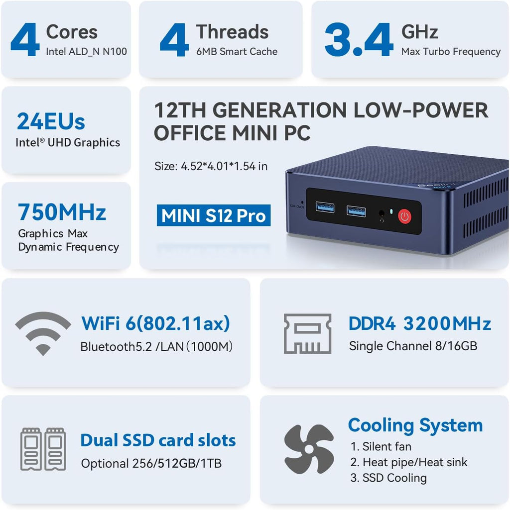 Beelink MINI S12 Pro Mini PC Intel 12th Lake N100(up to 3.4GHz 4C/4T), Mini Computers 12GB DDR4 512GB SSD, 1000Mbps Dual HDMI 4K Displays, Micro PC Support AV1 deconding/WIFI6/BT5.2/Office/W11 Home